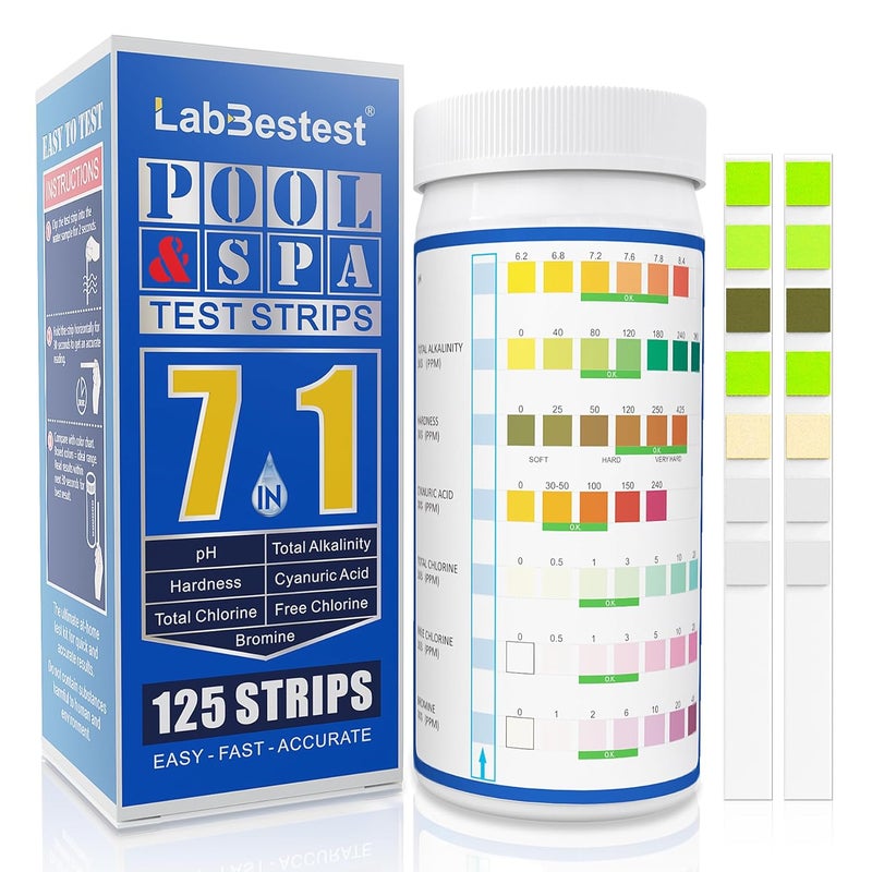 LabBestest شرائط اختبار حوض السباحة والسبا - 125 شريط اختبار لحوض السباحة - مجموعة اختبار مياه حوض السباحة - اختبار سريع دقيق وسهل لقياس pH، الصلابة، حمض السيانوريك، الكلور، البروم، والمزيد (7 طرق) - Image 1